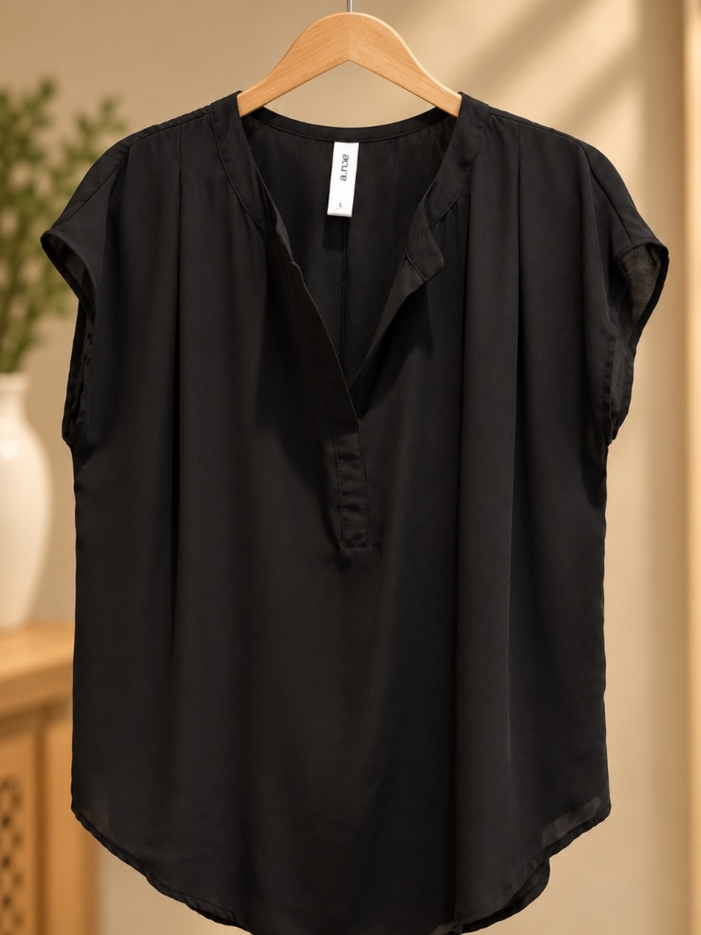 a.n.a Black V-Neck Short Sleeve Blouse Size Large